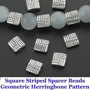  Square Striped Alloy Spacer Beads Geometric Herringbone Pattern 15 Beads